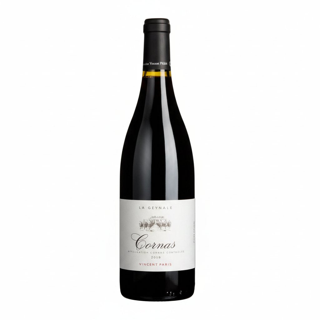 Bottle of Syrah Cornas wine from Vincent Paris La Geynale brand, featuring a dark glass bottle with a label and cork closure.