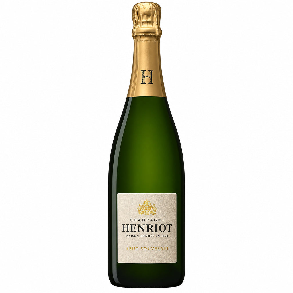 A 1.5L bottle of Champagne Henriot Brut Souverain with a classic label and foil wrapping, ready for celebration.