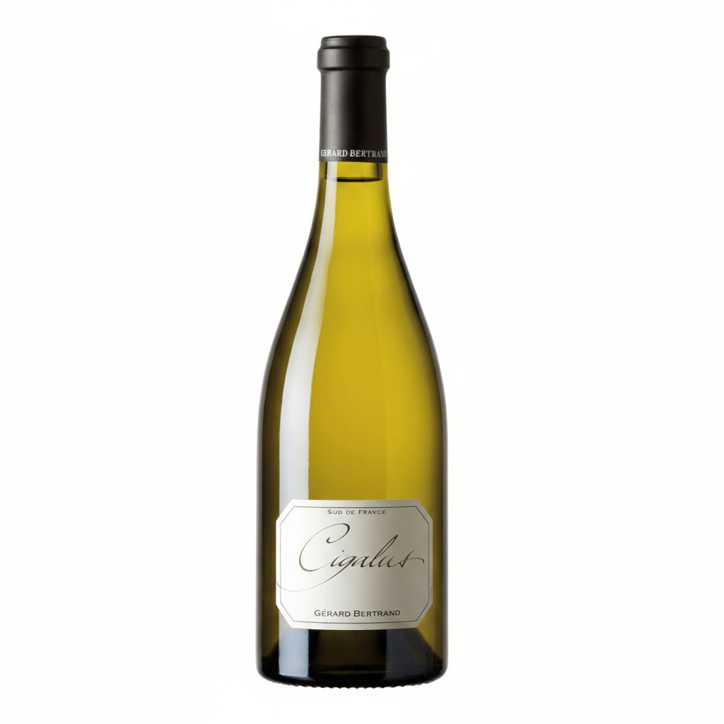 Gerard Bertrand Domaine de Cigalus Blanc wine bottle with label, elegant packaging, and white wine in glass.