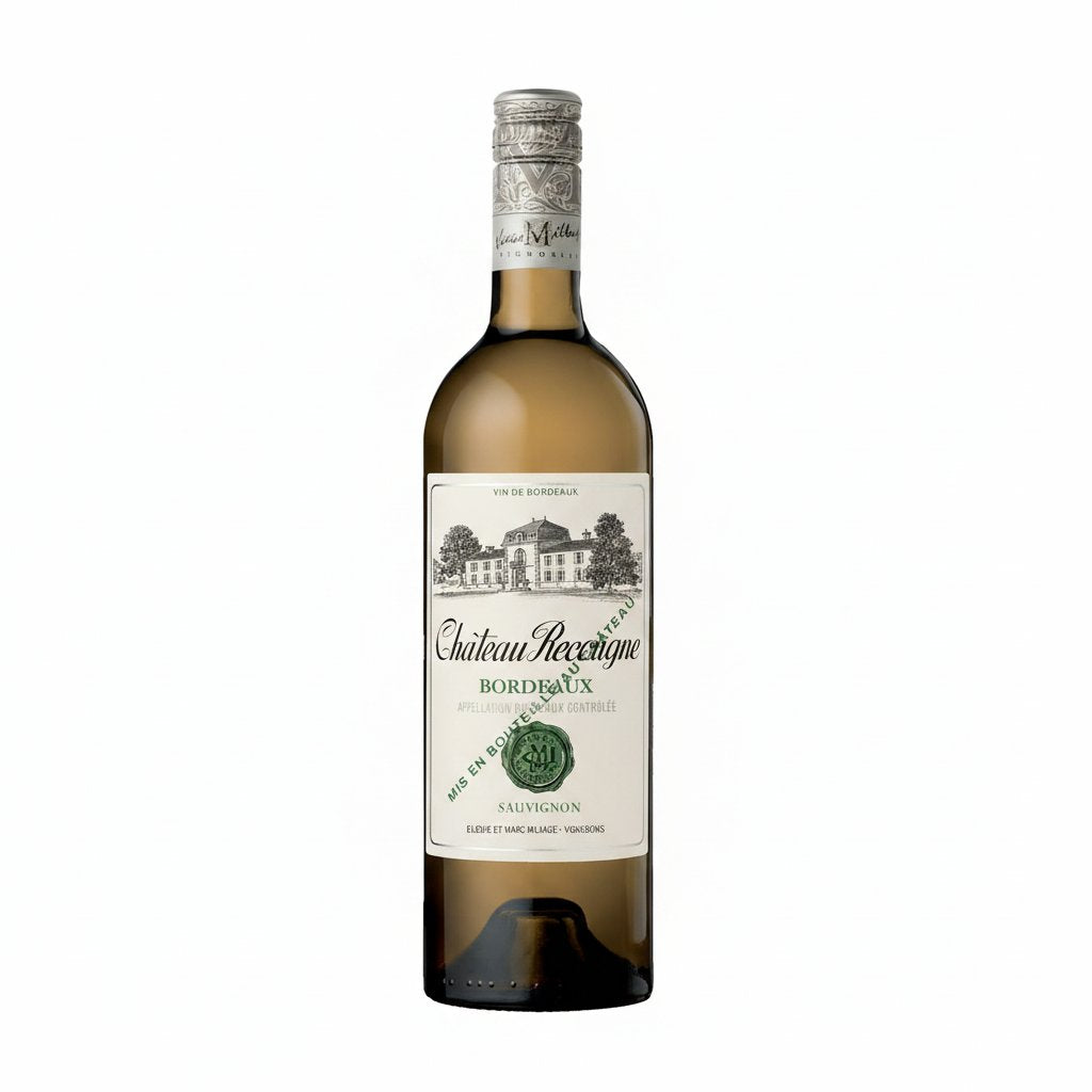Chateau Recougne White wine bottle with label, showcasing a golden liquid and elegant label design.