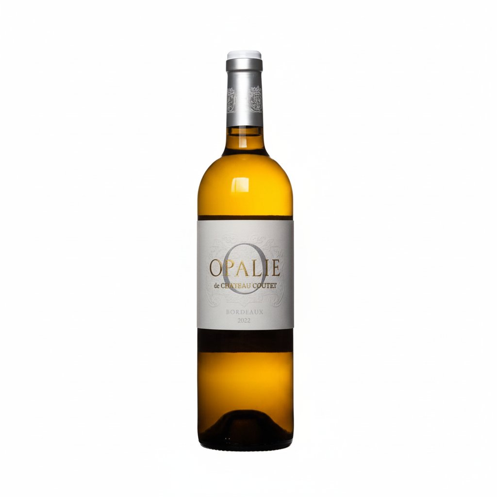 Opalie De Chateau Coutet bottle of sweet white wine with a golden hue, label featuring elegant gold and white design.
