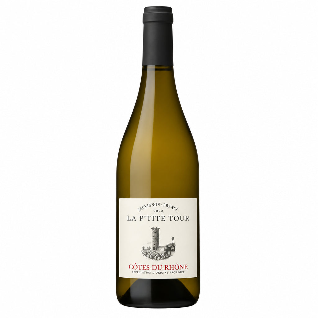 A bottle of La Petite Tour Cotes Du Rhone Blanc wine with a white label and gold accents, standing on a wooden surface.