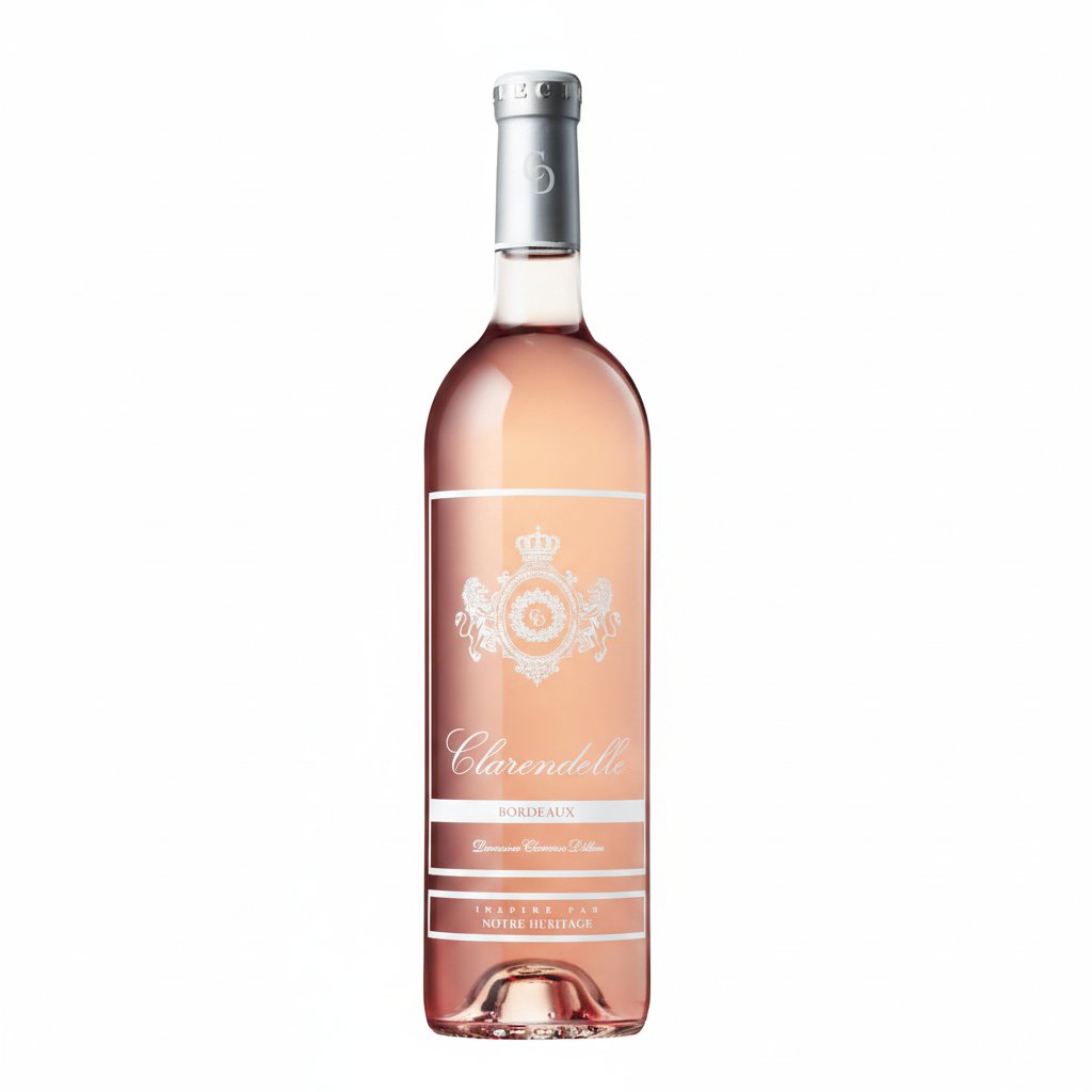 Bottle of Clarendelle Bordeaux Rosé wine with a blush pink hue on a wooden surface, label prominently displaying Clarendelle brand.