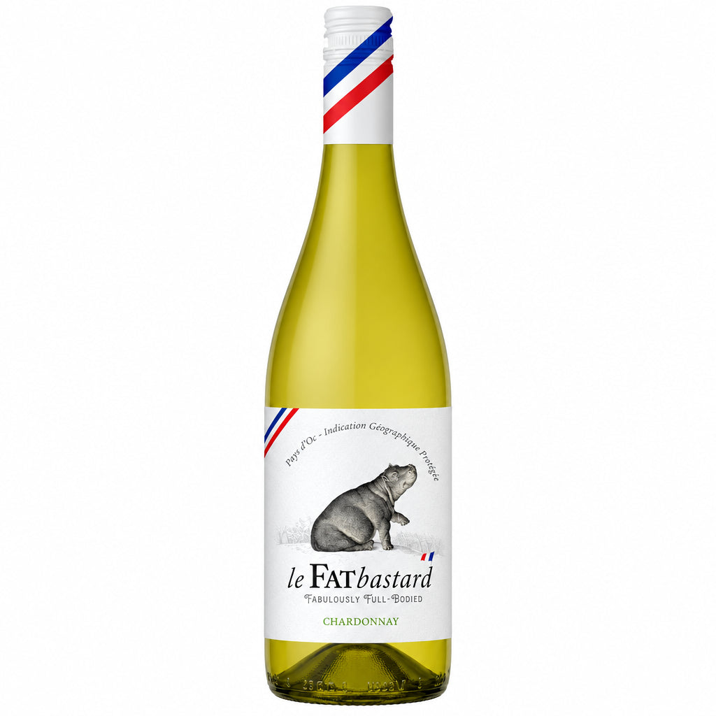 Bottle of Le Fat Bastard Chardonnay wine from the Le brand, showing the label and clear glass bottle.