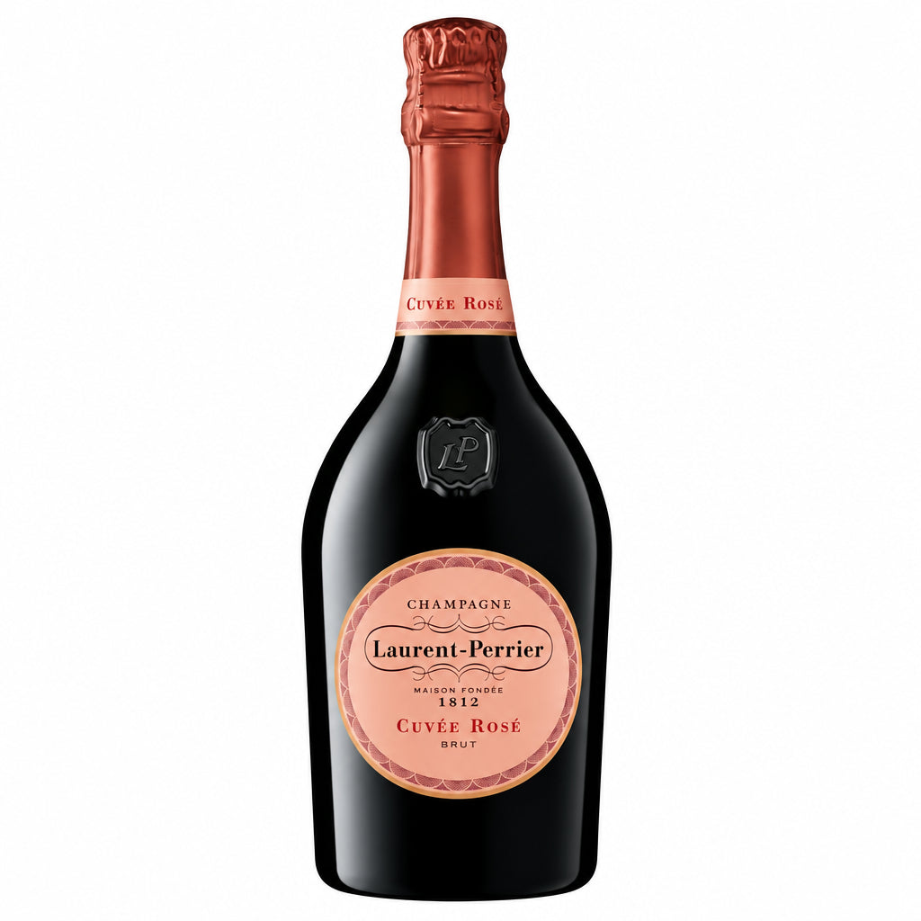A bottle of Laurent Perrier Cuvee Rose Brut champagne with a pink label and elegant foil seal on the neck.