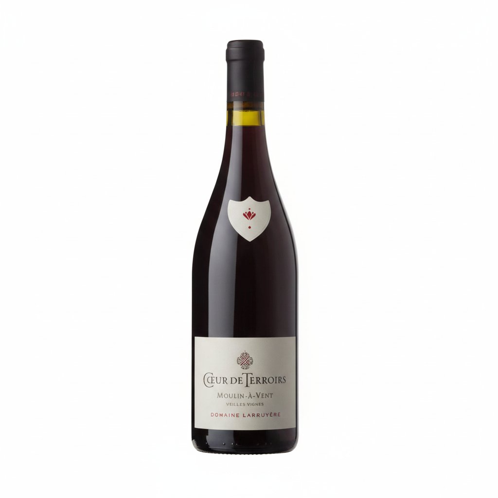 Domaine Labruyere Moulin-A-Vent Grand Cuvée Coeur de Terroirs wine bottle with label and glass of red wine.