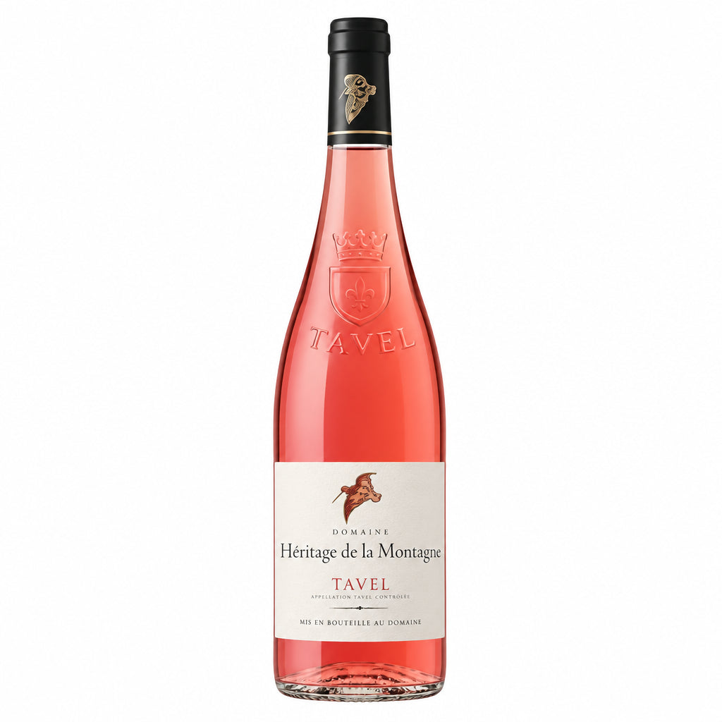 Bottle of Domaine de la Mordoree La Dame Rousse Tavel rosé wine with a dark label and elegant glass.