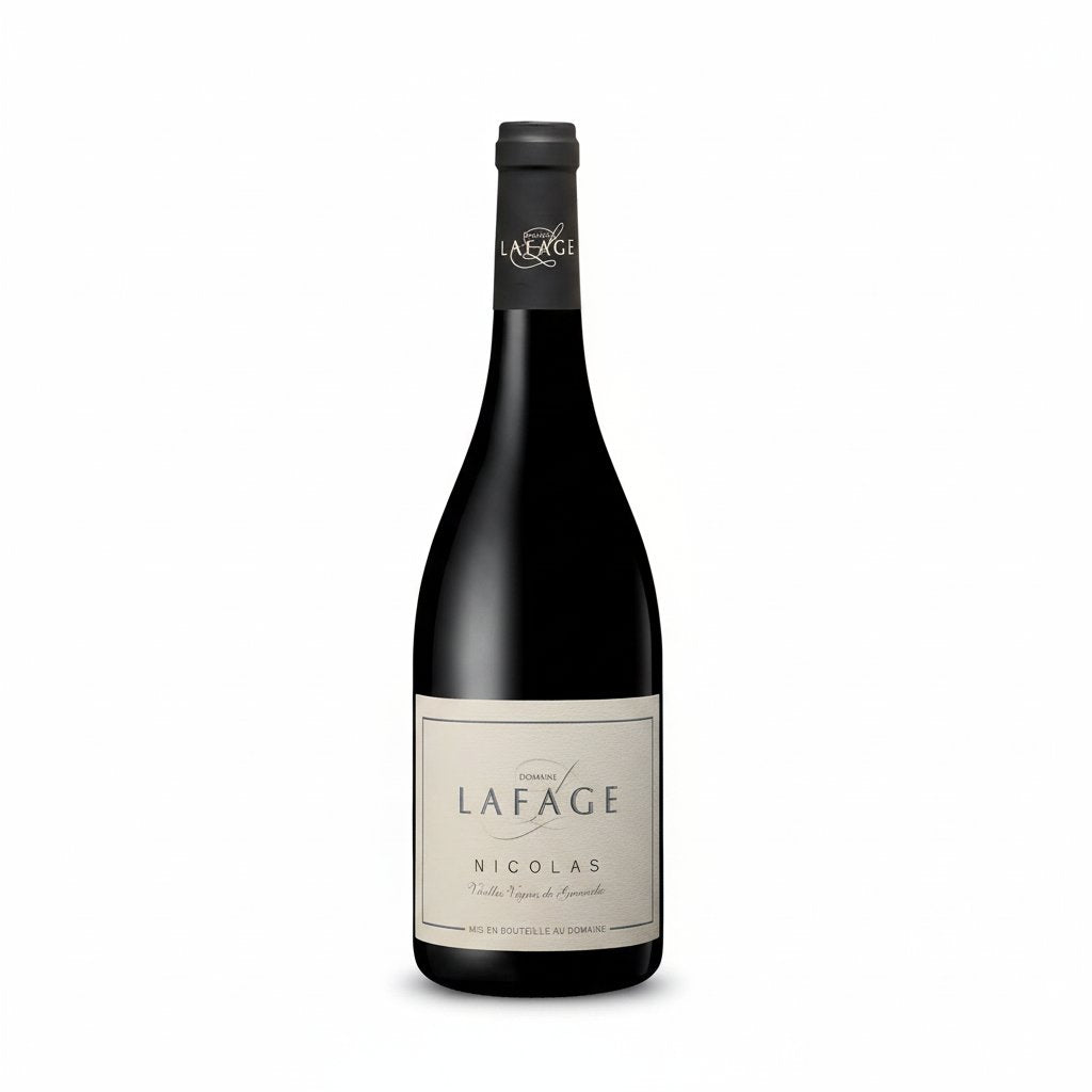 Bottle of Domaine Lafage Cuvee Nicolas wine with label visible and dark glass bottle on a neutral background.