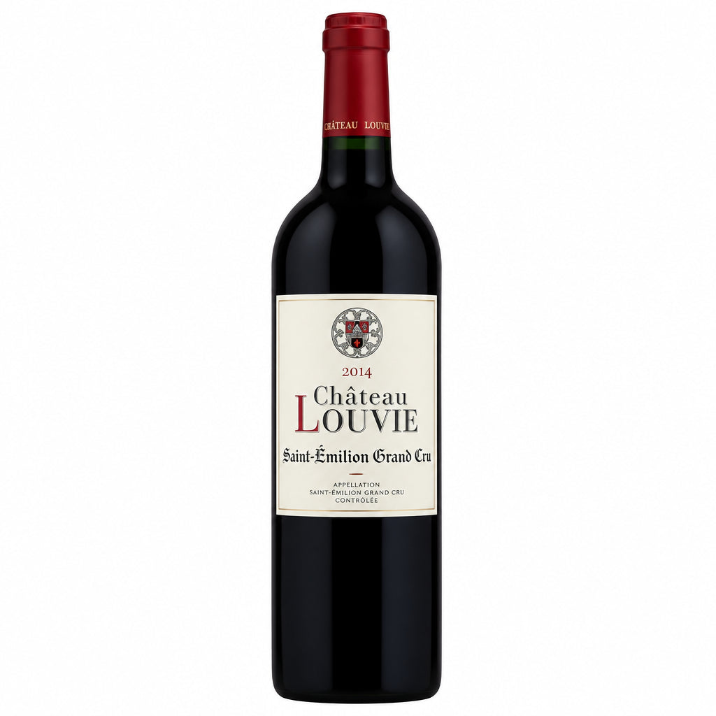 Bottle of Chateau La Louvie St Emilion Grand Cru red wine with a dark label and elegant capsule, resting on a wooden surface.