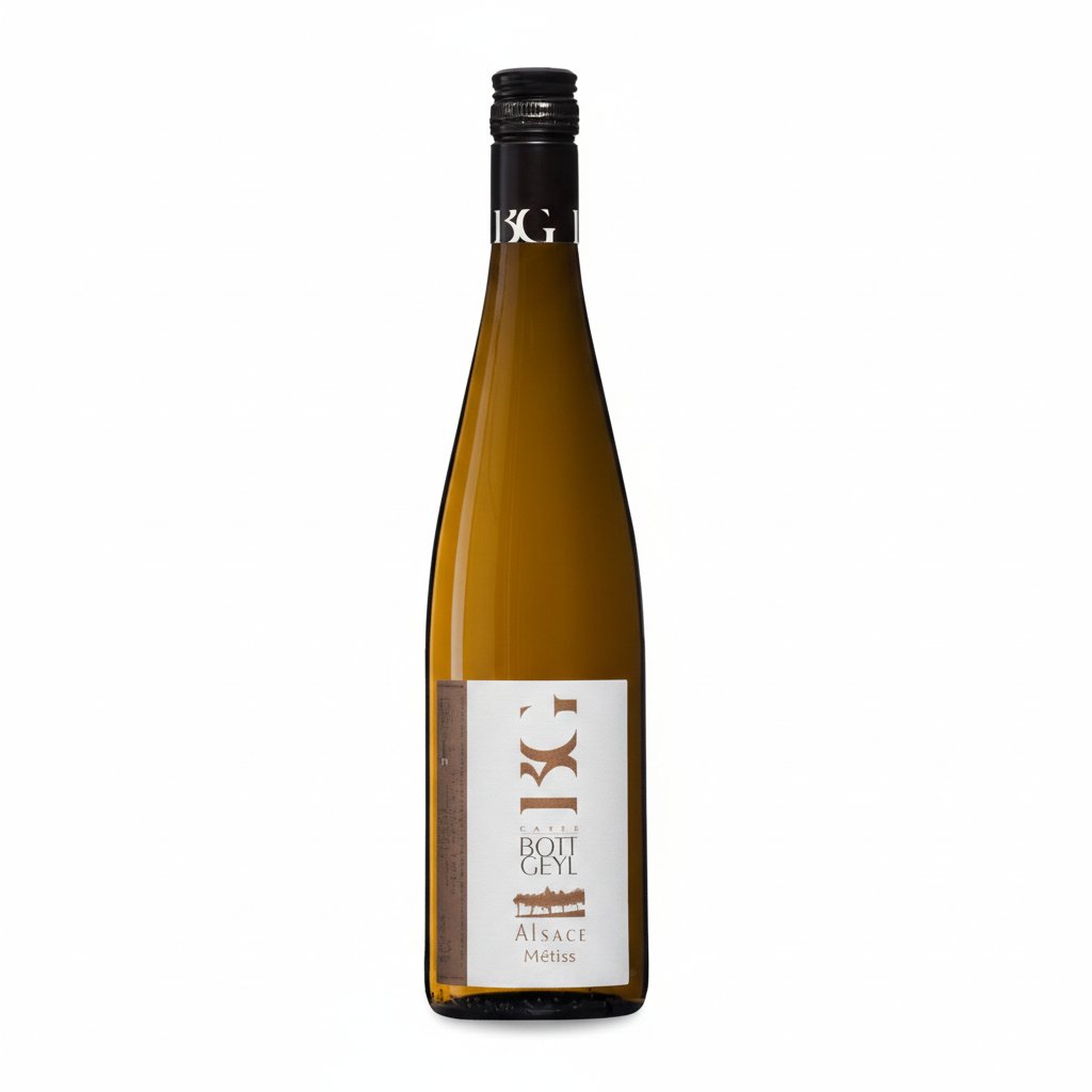 Domaine Bott-Geyl Alsace Metiss wine bottle with label visible and cork partially removed on a wooden surface.