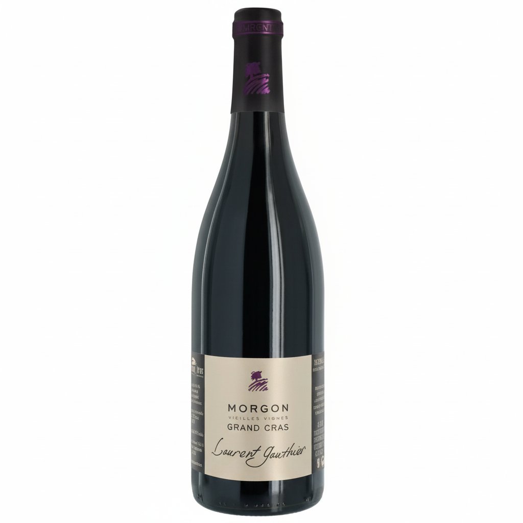 Gauthier Morgon Grand Cras wine bottle with label, showcasing deep red color and elegant design.