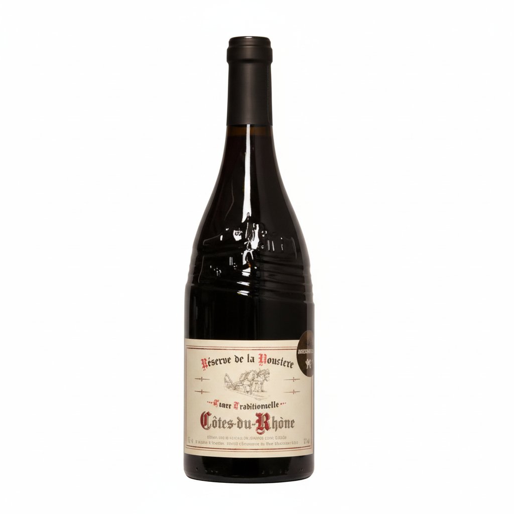 Bottle of Reserve De La Ronciere Cotes Du Rhone wine with label visible and deep red color in the image.