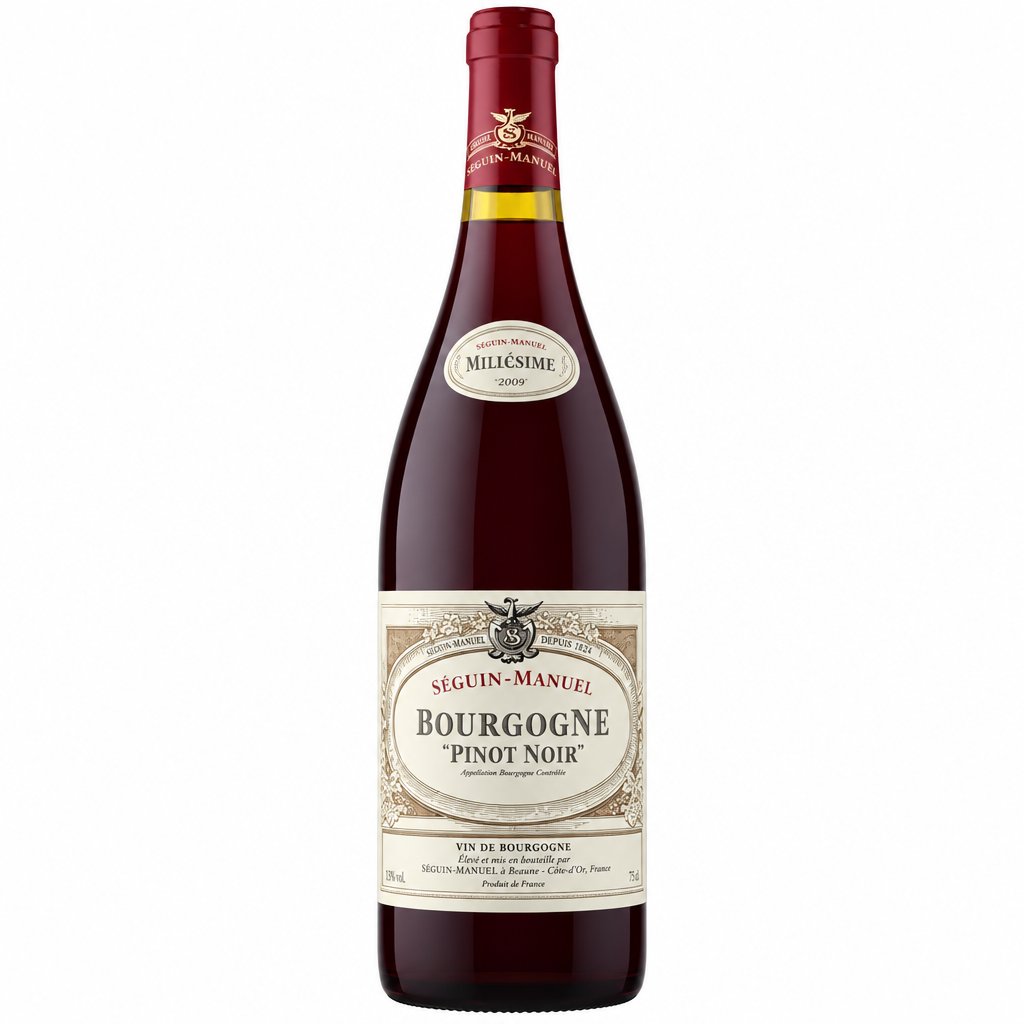 Bottle of Seguin-Manuel Bourgogne Pinot Noir wine with a white label and red capsule, set against a dark background.