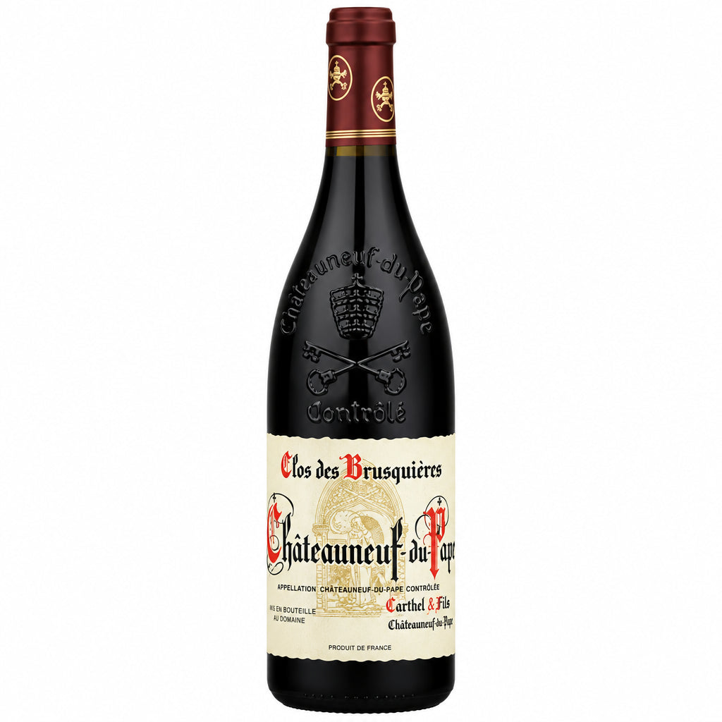 Bottle of Clos Clos des Brusquieres Chateauneuf-du-Pape red wine with label visible, set against a neutral background.