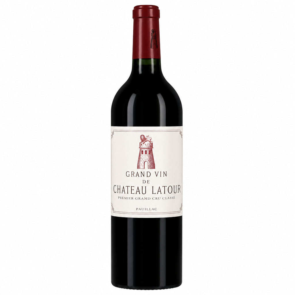 Bottle of Chateau Latour 2010 red wine with label visible, resting on a wooden surface.