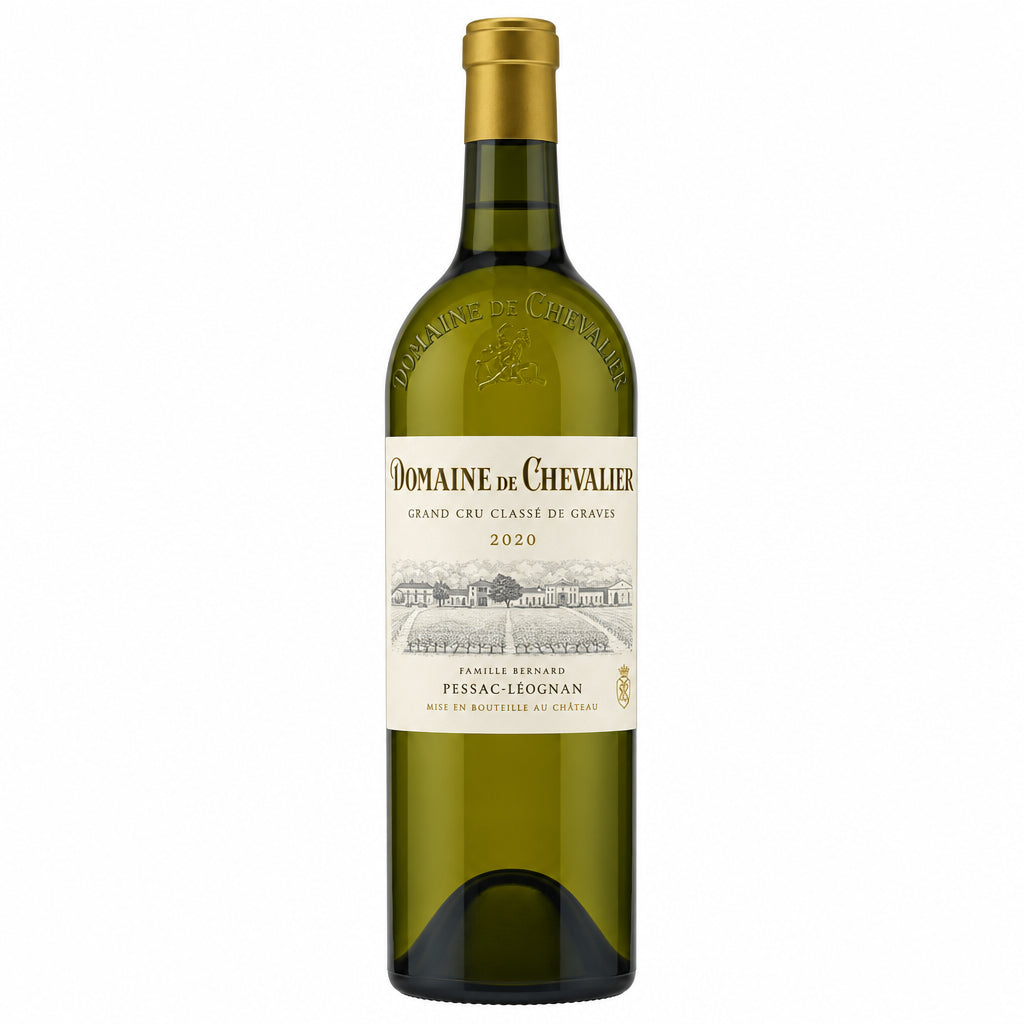 Bottle of Domaine de Chevalier Blanc 2020 white wine, elegant label, clear glass bottle with golden liquid inside.