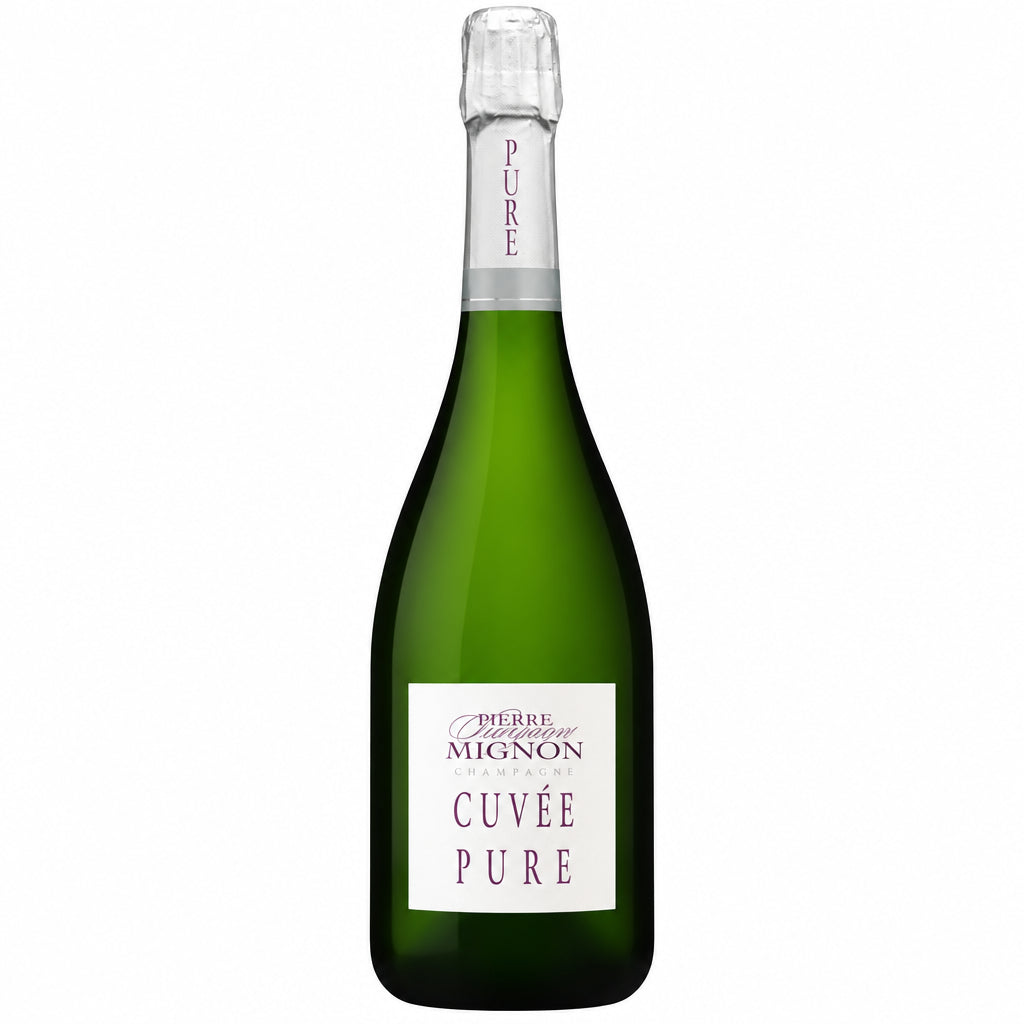 Champagne Pierre Mignon Cuvee Pure bottle with elegant label, sparkling golden liquid inside, set against a neutral background.