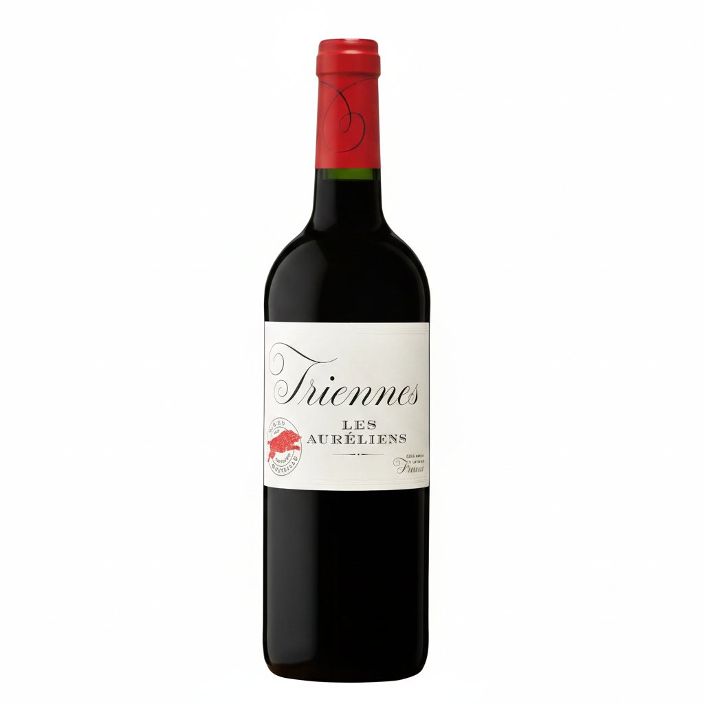 Bottle of Triennes Les Aureliens Rouge red wine with a dark label and cork, set against a neutral background.