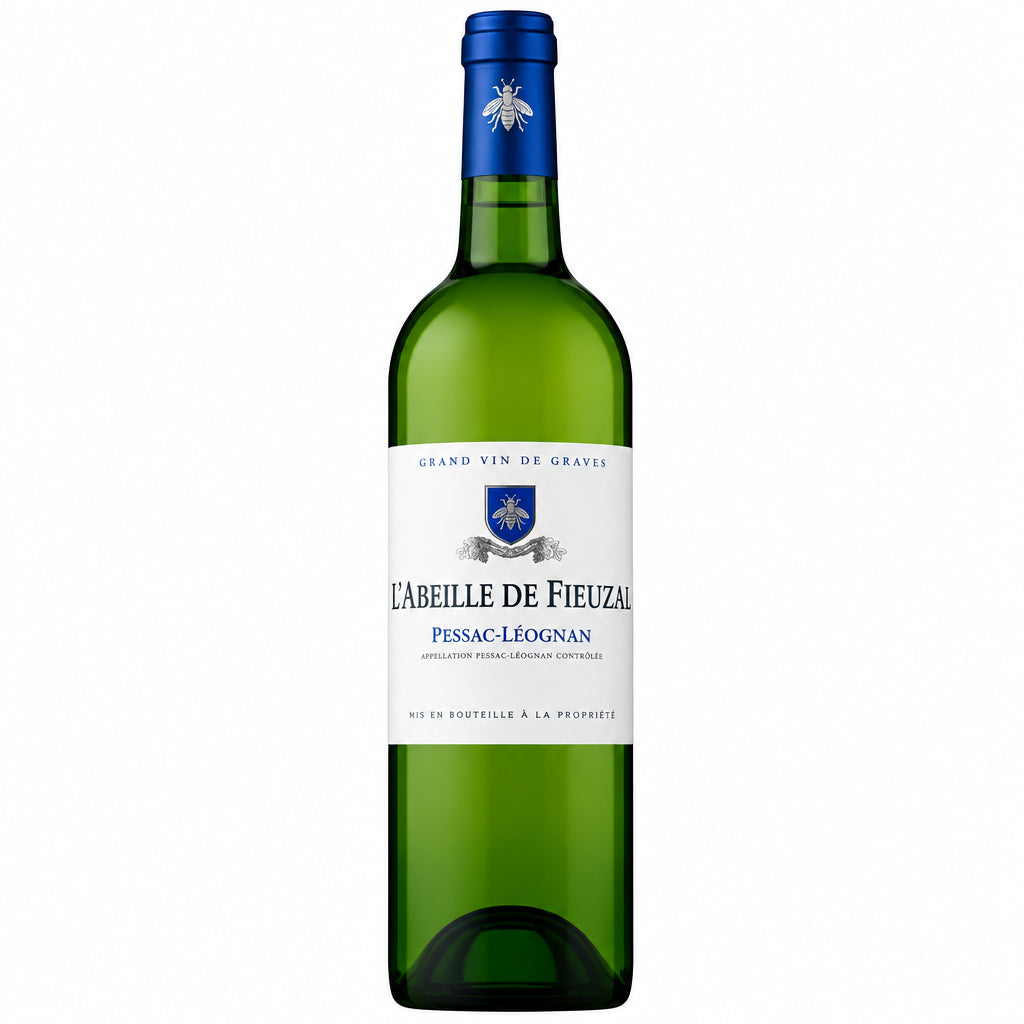 Chateau De Fieuzal Blanc 2020 wine bottle with label, elegant glass, and vineyard background in the image.