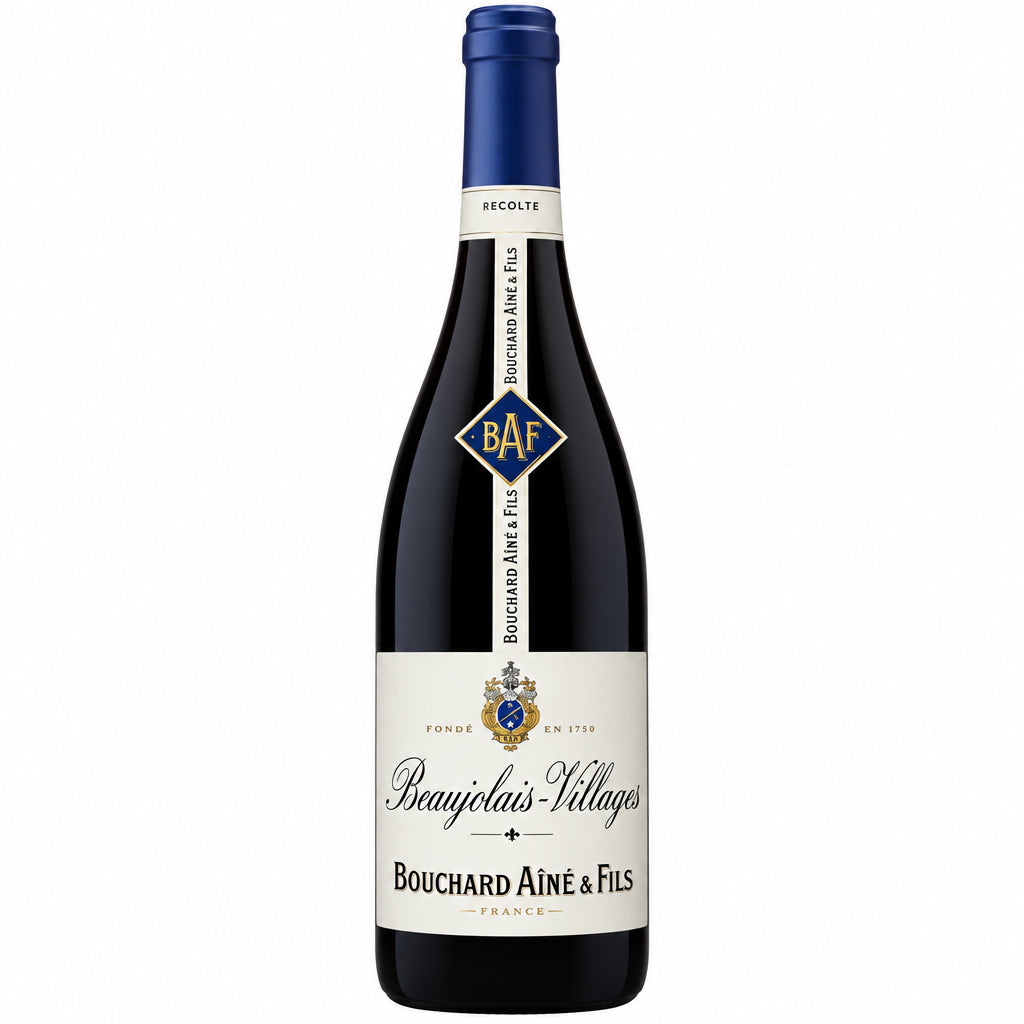 Bottle of Bouchard Aine & Fils Beaujolais wine with label visible and cork top, showcasing the French red wine.