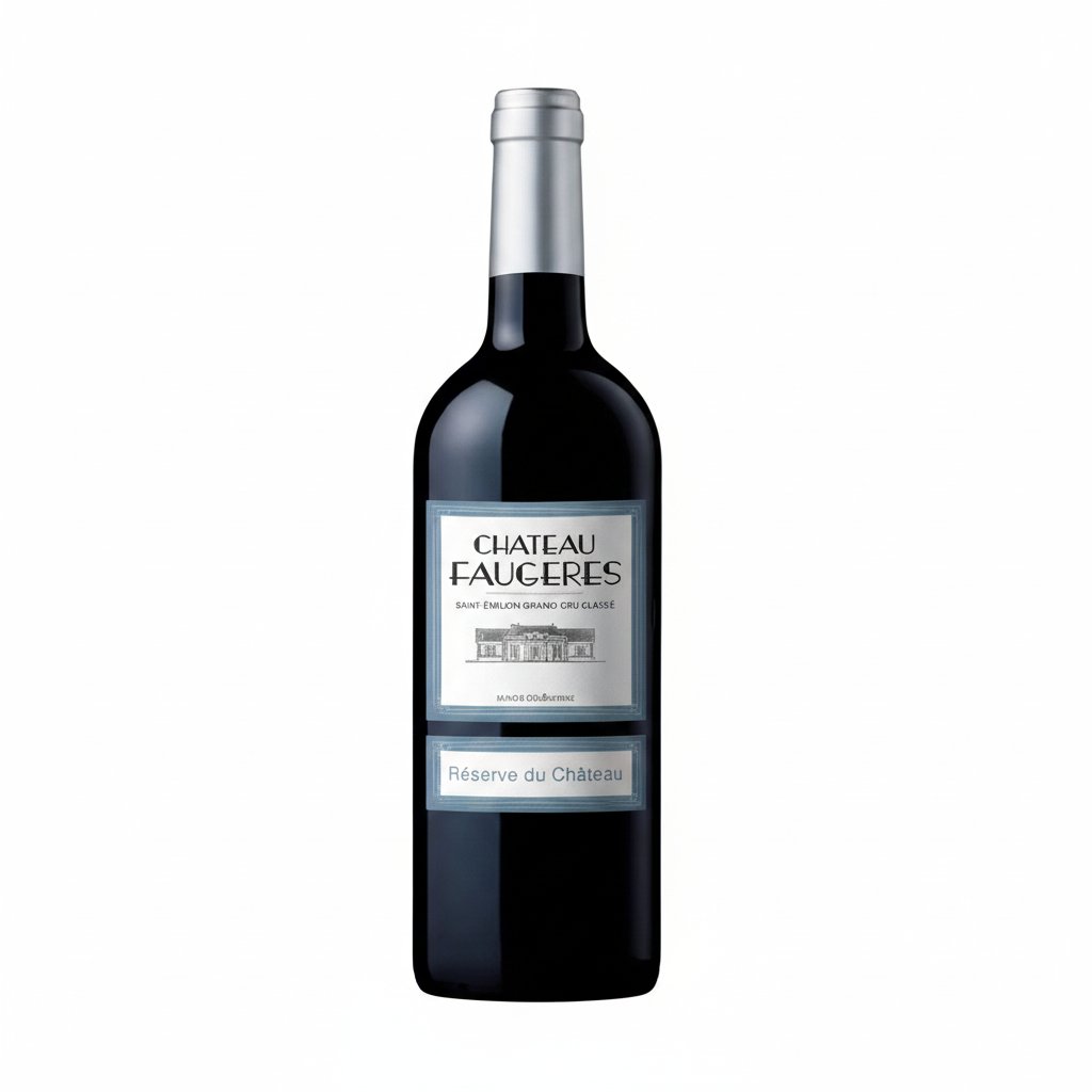 Chateau Faugeres wine bottle with label, placed on a wooden surface, showcasing its elegant design and deep red color.