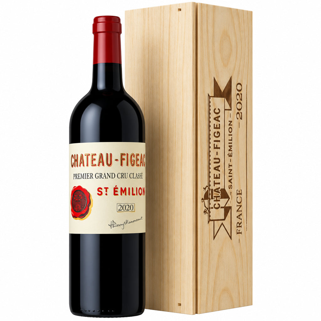 Bottle of Chateau Figeac 2020 red wine displayed on a wooden surface with a cork and label visible.