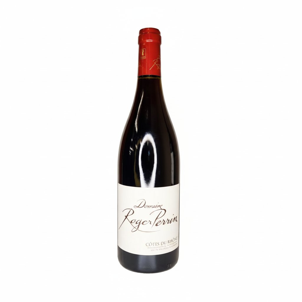 Bottle of Roger Perrin Cotes du Rhone Fruite Rouge red wine with a dark label and cork in a natural setting.