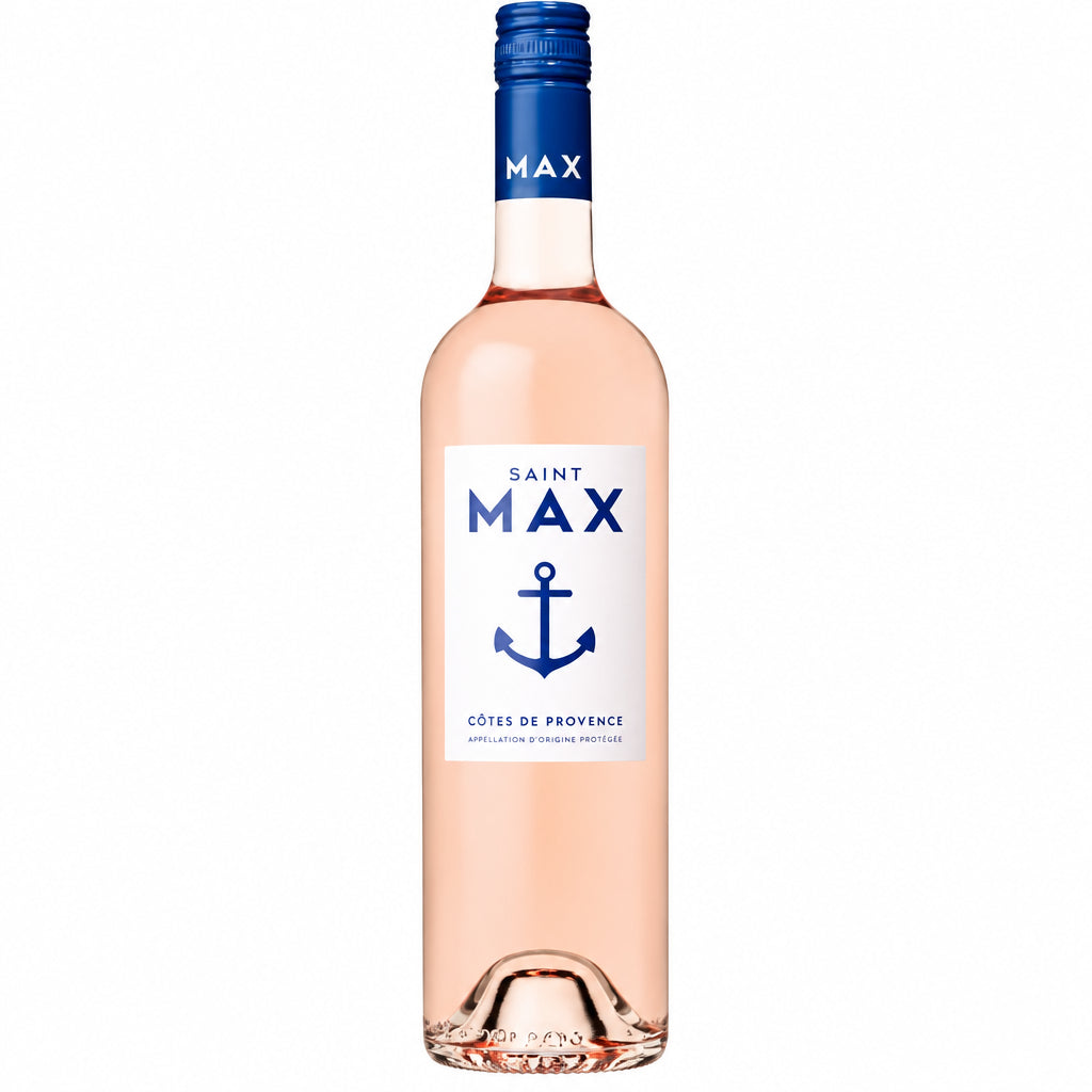 Chateau Mont-Redon Cotes de Provence Saint Max Rosé wine bottle with a pink label and elegant design, set against a neutral background.