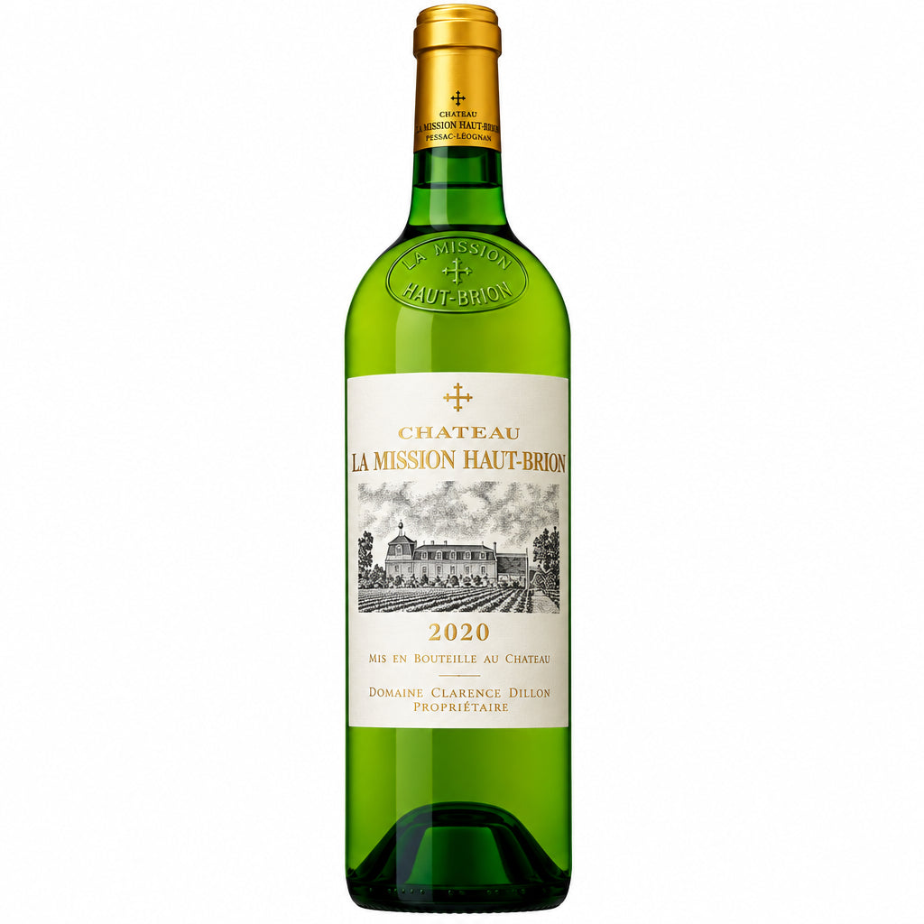 Chateau La Mission Haut Brion Blanc 2020 wine bottle with label, showcasing a white wine from the Bordeaux estate.