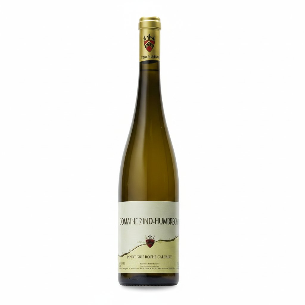 Domaine Zind-Humbrecht Pinot Gris Roche Calcaire 2022 wine bottle on a table, with label visible in natural light.