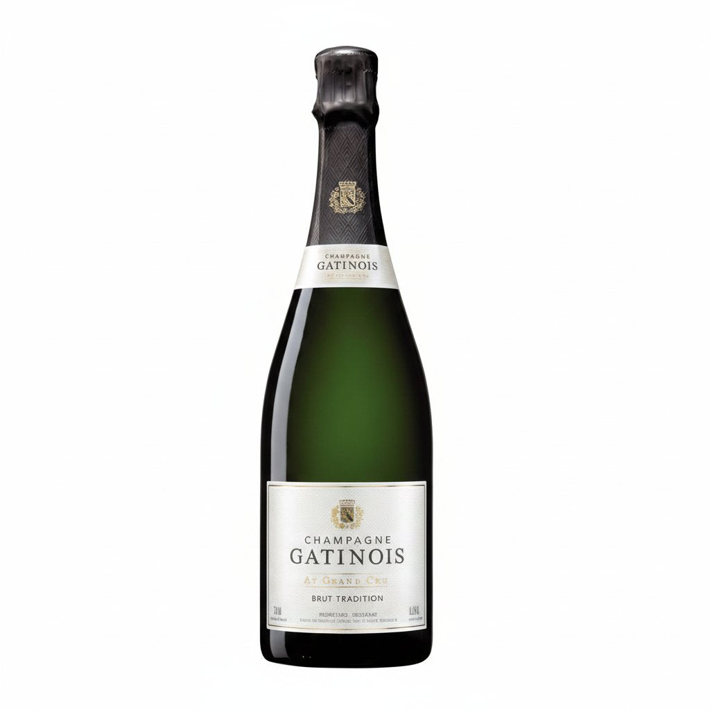 Bottle of Gatinois-Grand Cru De Ay Reserve NV champagne with gold foil label and classic dark glass bottle.