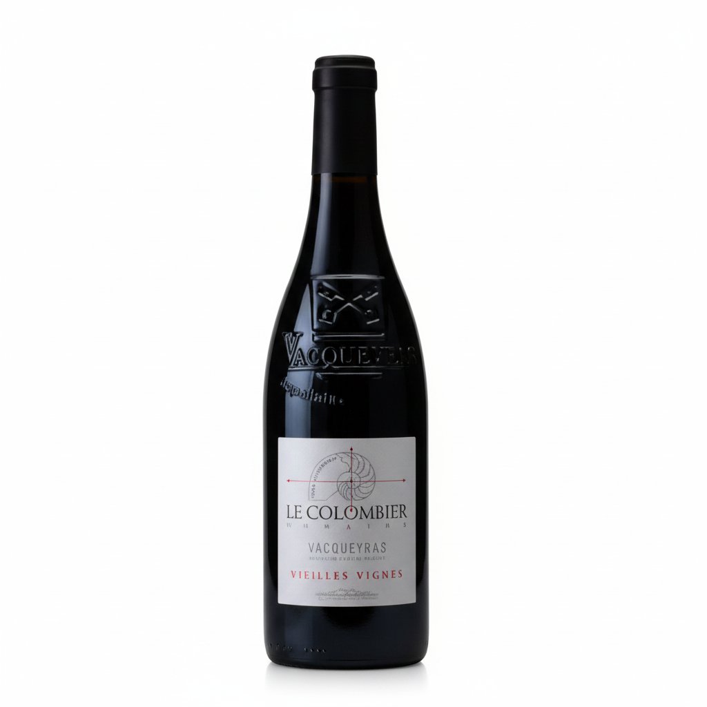 Bottle of Domaine Le Colombier Cuvee G Vacqueyras red wine with label and cork, placed on a rustic wooden table.