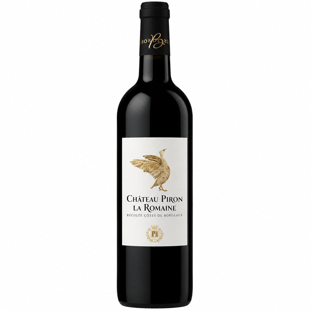 Chateau Chateau Piron La Romaine Blaye wine bottle with label and cork, showcasing elegant design and classic wine presentation.