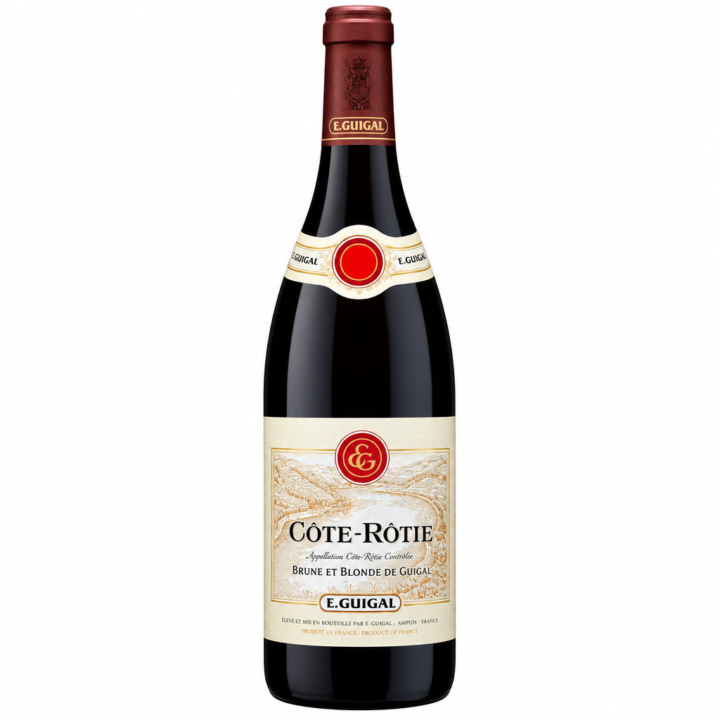 Bottle of Guigal Cote Rotie Brune Et Blonde red wine with label visible, set against a neutral background.