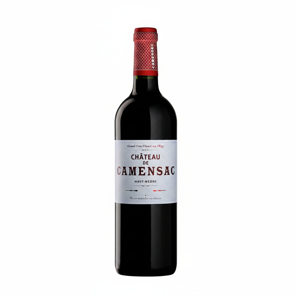 Bottle of Chateau Camensac Gcc Haut Medoc red wine with a dark label and cork, standing upright on a wooden surface.