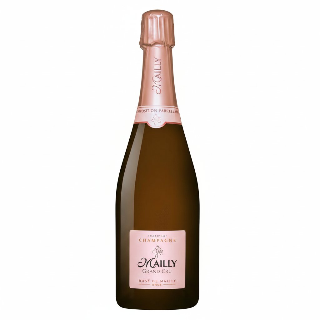 Champagne Mailly Grand Cru Rose bottle with elegant pink label and foil, set against a neutral background.