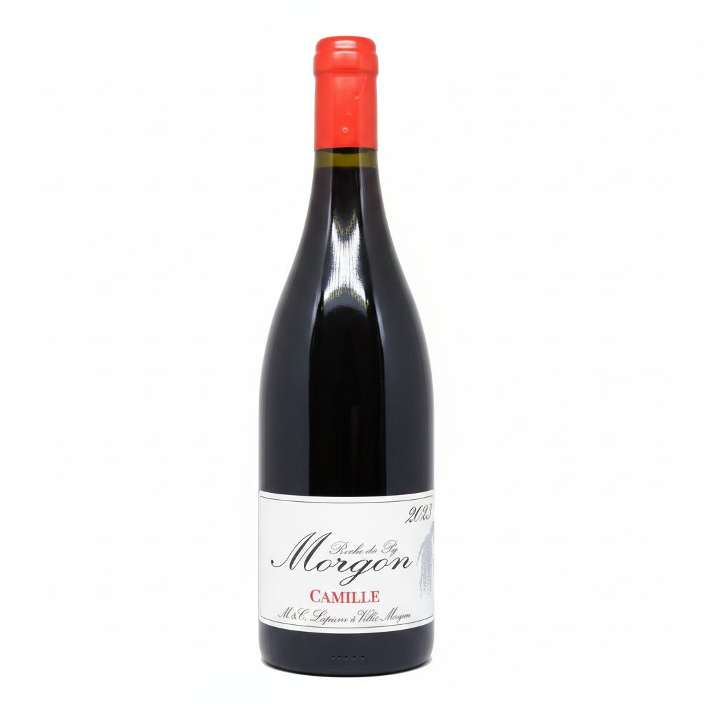Marcel Lapierre Morgon Cuvee Camille wine bottle with label featuring red and gold accents, standing upright on a neutral background.