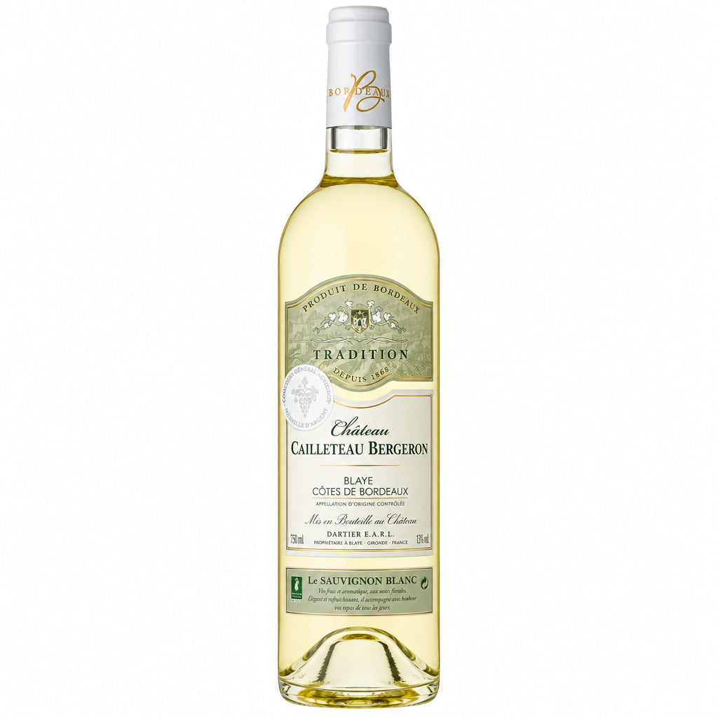 Chateau Cailleteau Bergeron Sauvignon Blanc wine bottle with label, showcasing clear glass and elegant packaging.