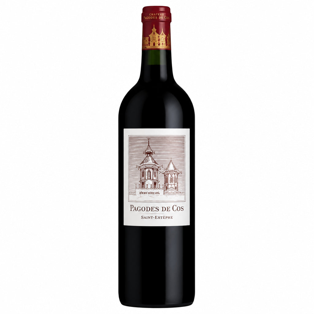 Les Pagodes De Cos 2020 wine bottle from Les, featuring an elegant label and deep red color in a close-up shot.