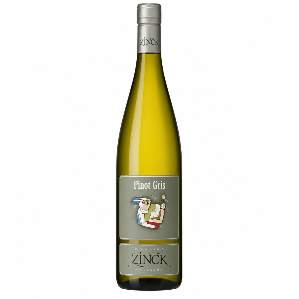 Domaine Zinck Pinot Gris wine bottle with label visible, showcasing a crisp white wine from Domaine winery.