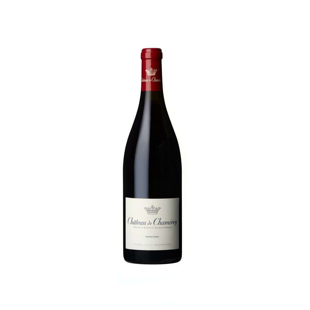 Chateau Chateau De Chamirey Mercurey Rouge wine bottle with label and deep red color, set against a neutral background.