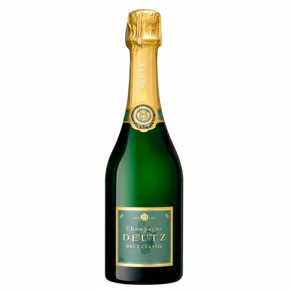Champagne Deutz Brut Classic 375mL bottle with elegant gold and black label, sparkling champagne in a clear glass flute.
