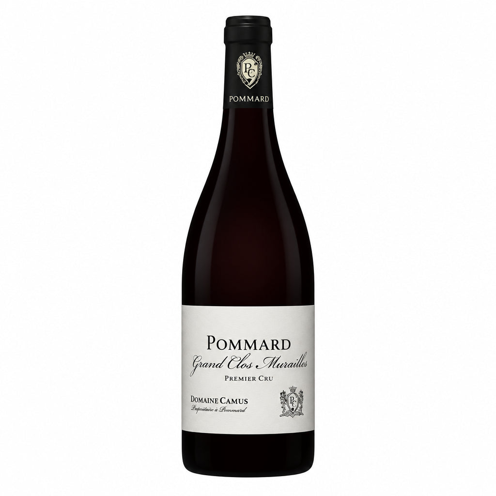 Domaine Domaine Buisson-Charles Pommard 1Er Cru red wine in a bottle, with a vineyard landscape in the background.