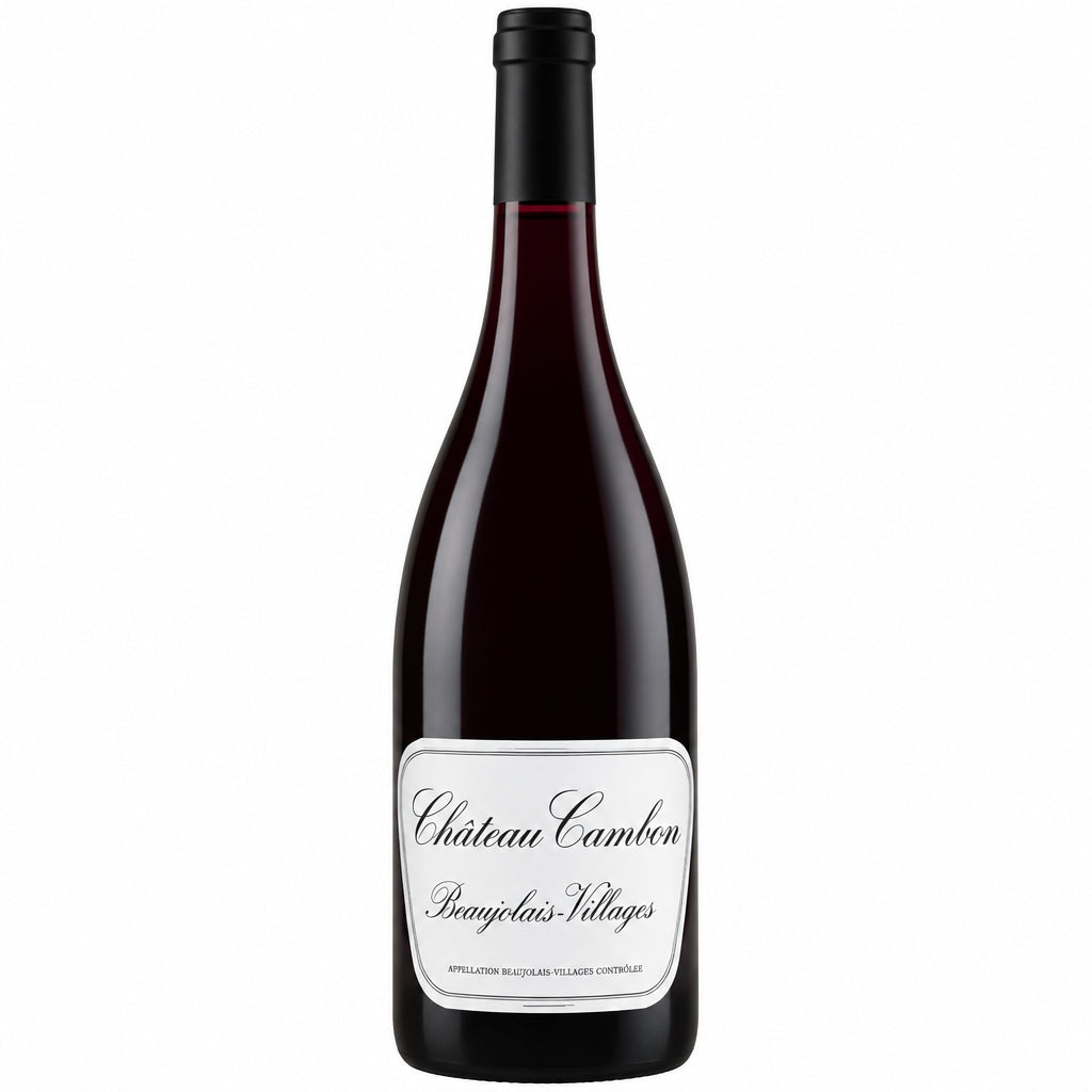 Chateau Chateau Cambon Beaujolais Villages wine bottle with label and glass of red wine, showcasing French vineyard craftsmanship.