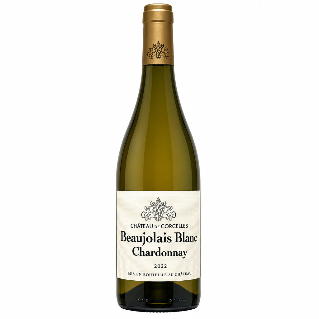 Chateau Chateau De Corcelles Beaujolais Blanc Chardonnay wine bottle with label and cork on a wooden surface.