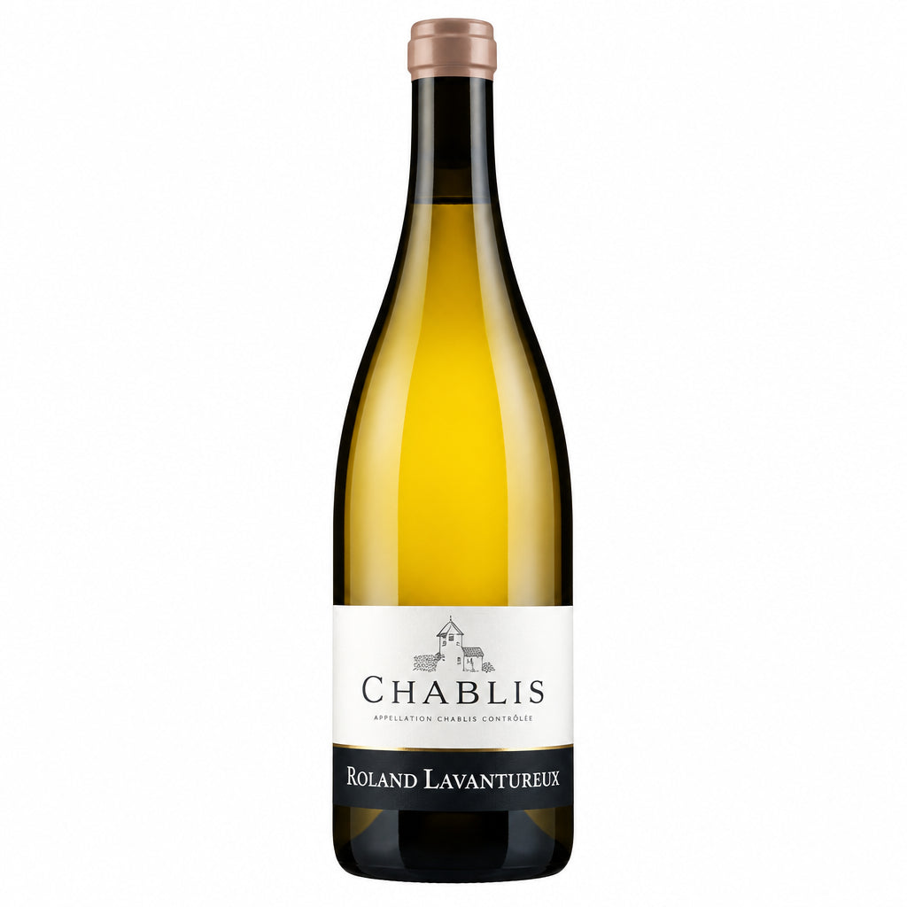 Bottle of Roland Lavantureux Chablis wine in 375mL bottle with white label and gold accents, standing upright.