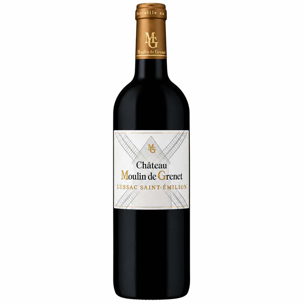 Bottle of Chateau Moulin De Grenet red wine from Chateau, featuring a dark glass bottle with a classic label.