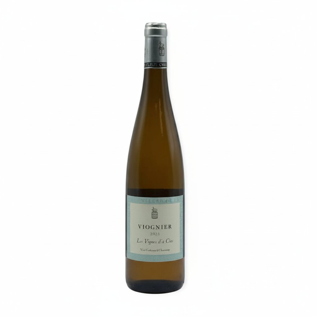 Yves Cuilleron Viognier white wine bottle with a label featuring elegant design and golden accents, standing upright.