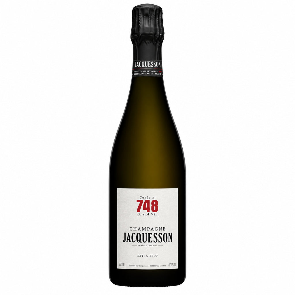 Bottle of Champagne Jacquesson Cuvee N748 with a sleek label, set against a neutral background.