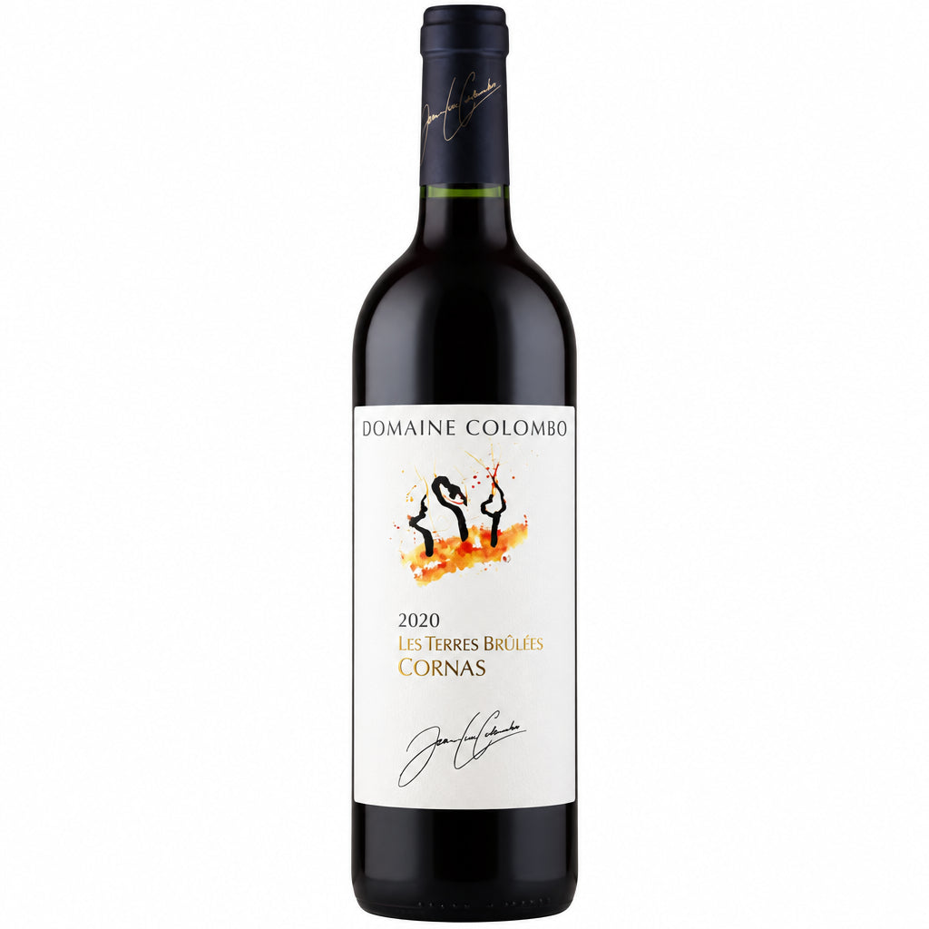 Bottle of Jean Luc Colombo Cornas Terres Brulees red wine with label visible, standing upright on a neutral background